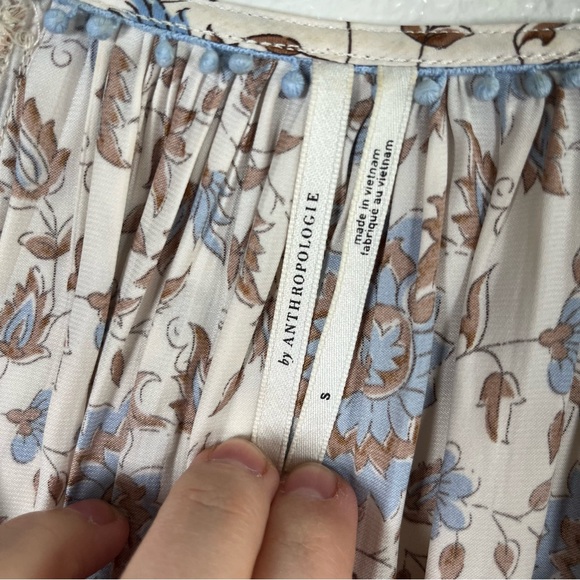 By Anthropologie Button-Front Peasant Blouse Cream Brown and Blue Small - Picture 7 of 8